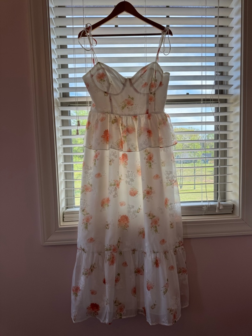 Storia White Floral Tiered Sundress with Peach Blooms